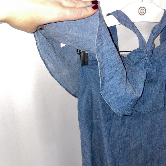 Alice + Olivia Alexia Off-Shoulder Halter Tie Ruffle Top Chambray Mini Dress XS. - Picture 5 of 8